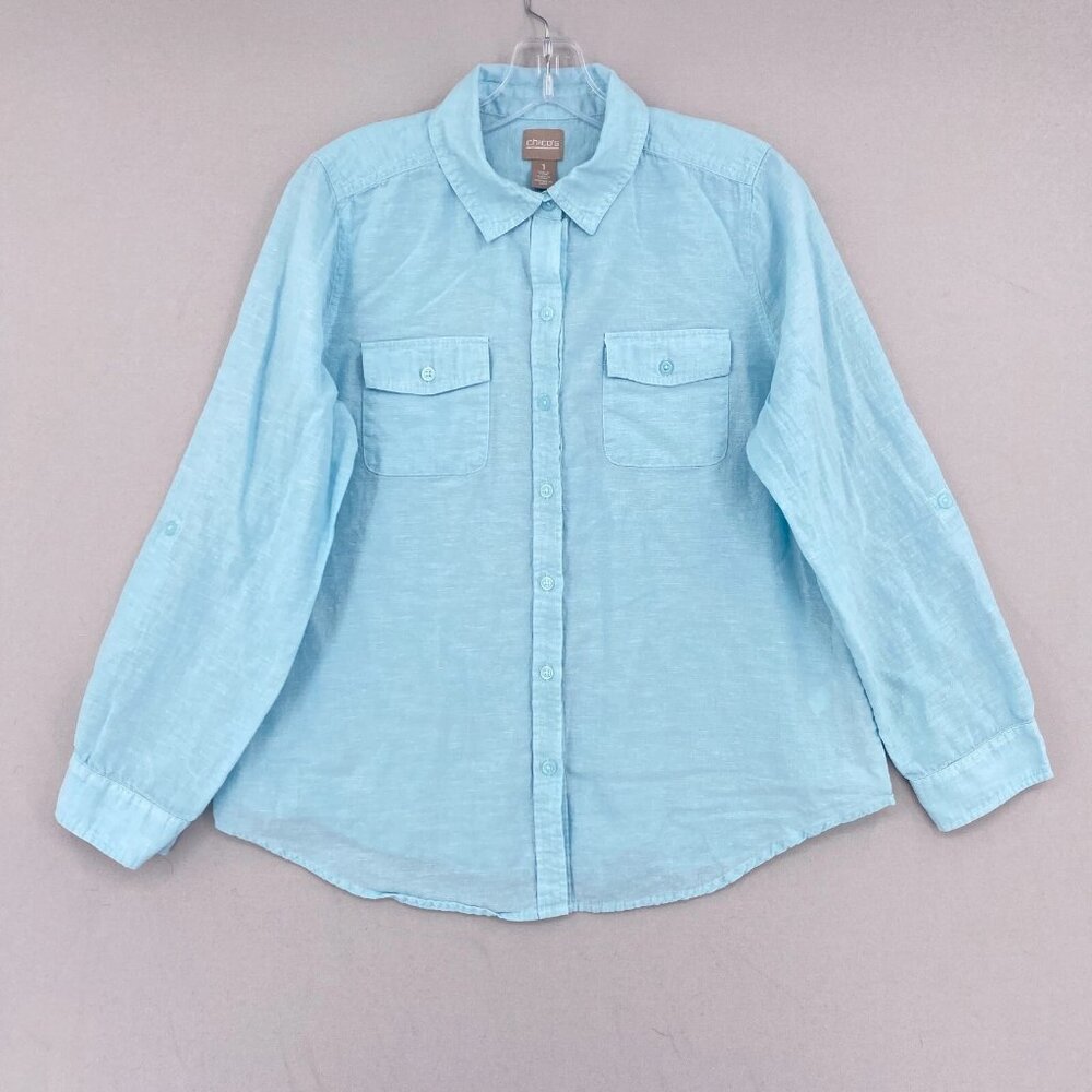 Chicos Linen Blend Long Sleeve Button Up Shirt Size 1 Medium Aqua Blue Roll Tab